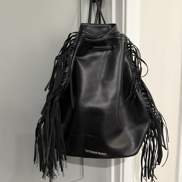 Victoria's Secret Handbags - Victoria's Secret Drawstring Bag Fringe Backpack Black Faux Leather Sack NWT